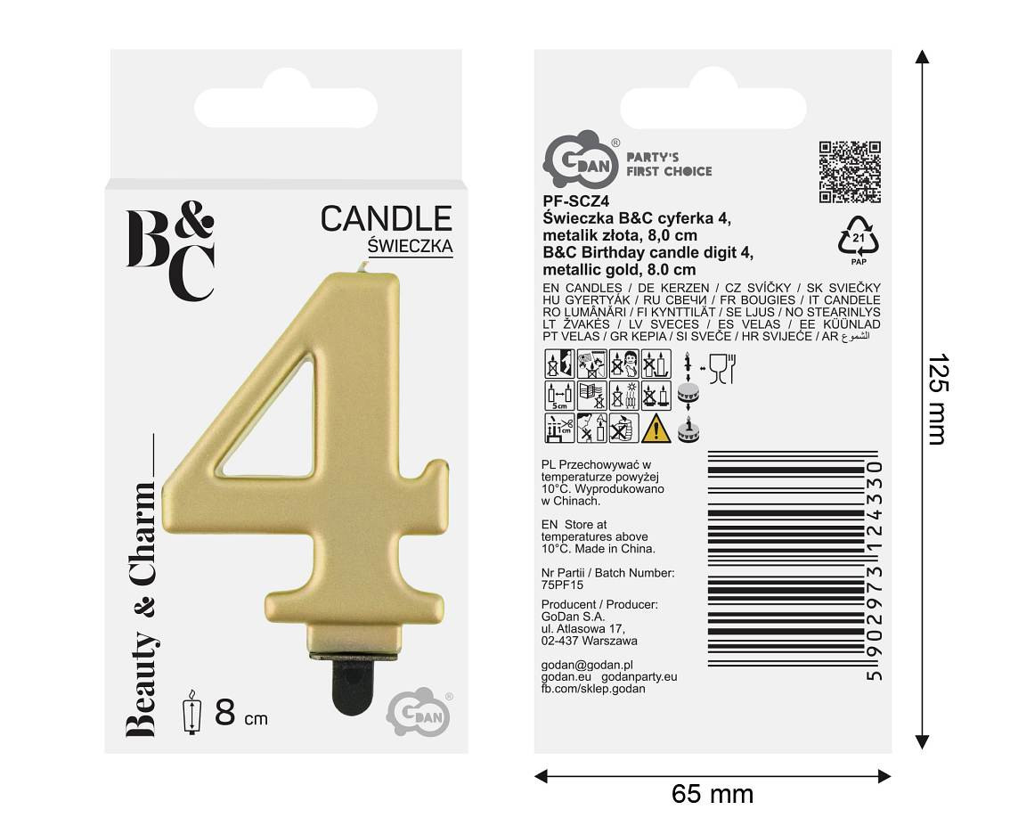 Birthday candle digit 4, metallic gold, 8.0 cm